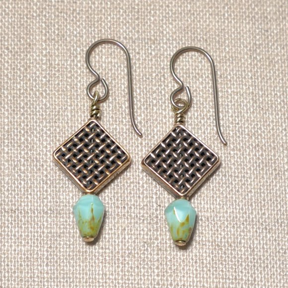 Hand Crafted Handmade Earrings Woven Copper Beads Aqua Czech Glass Beads - Picture 1 of 5